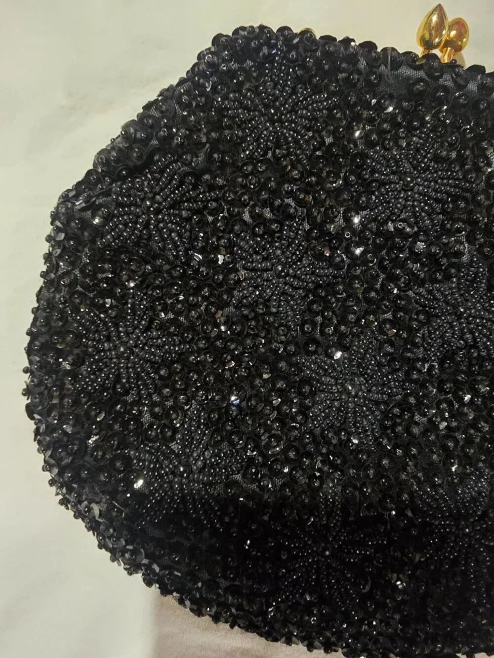 Vintage Hand Made for Broadway Black Beaded Sequin Evening Bag Clutch Gold Chain